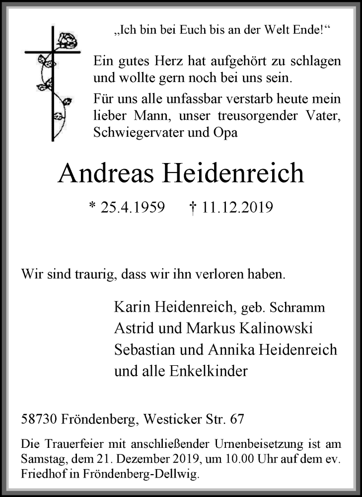  Traueranzeige für Andreas Heidenreich vom 18.12.2019 aus Stadtspiegel Menden + Froendenberg