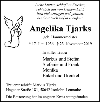 Traueranzeige von Angelika Tjarks von Stadtspiegel Iserlohn + Hemer
