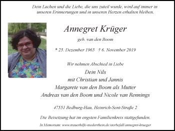 Traueranzeige von Annegret Krüger von Klever Wochenblatt