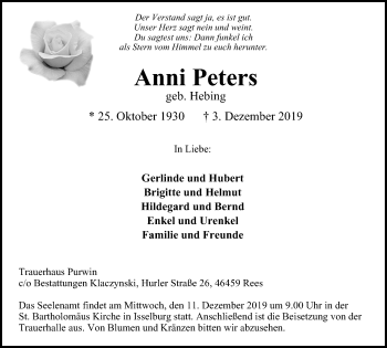 Traueranzeige von Anni Peters von Stadtanzeiger Emmerich/Rees/Isselburg