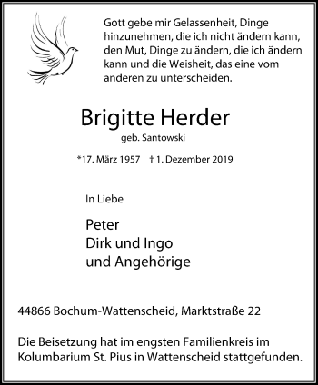 Traueranzeige von Brigitte Herder von Stadtspiegel Wattenscheid