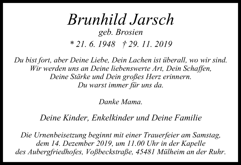  Traueranzeige für Brunhild Jarsch vom 07.12.2019 aus Mülheimer Woche