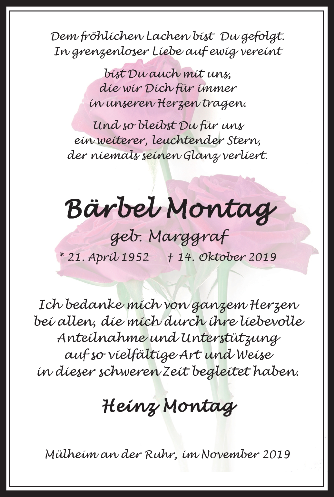  Traueranzeige für Bärbel Montag vom 30.11.2019 aus Mülheimer Woche