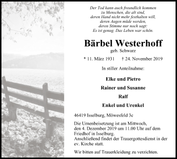 Traueranzeige von Bärbel Westerhoff von Stadtanzeiger Emmerich/Rees/Isselburg
