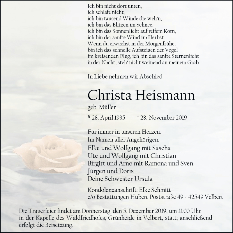 Traueranzeigen von Christa Heismann | Trauer-in-NRW.de