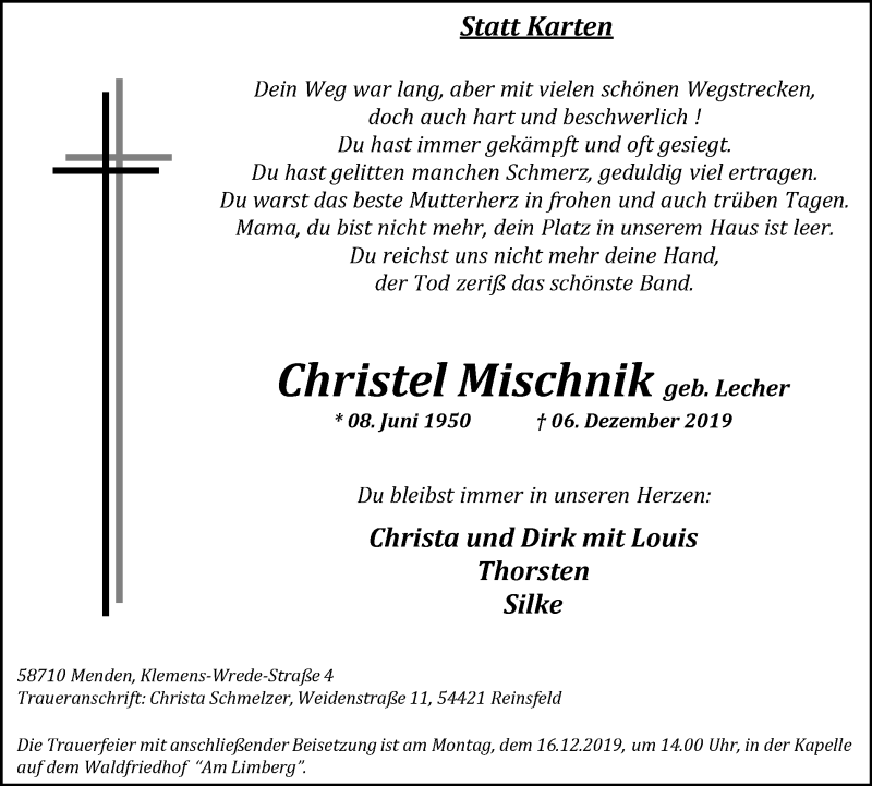  Traueranzeige für Christel Mischnik vom 14.12.2019 aus Stadtspiegel Menden + Froendenberg