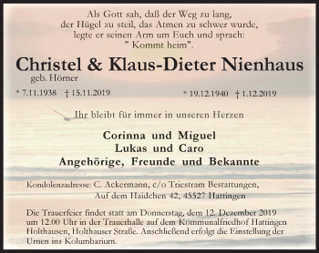 Traueranzeige von Christel und Klaus-Dieter Nienhaus von Stadtspiegel Hattingen/Niedersprockhövel