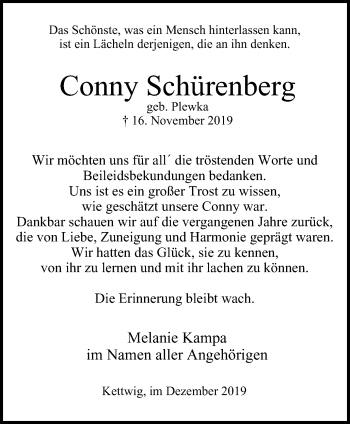 Traueranzeige von Conny Schürenberg von Kettwig Kurier