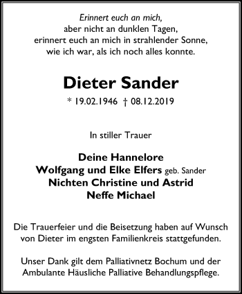 Traueranzeige von Dieter Sander von Stadtspiegel Bochum