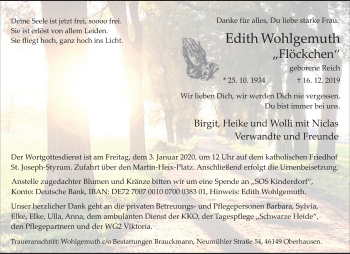 Traueranzeige von Edith Wohlgemuth von Wochen-Anzeiger Oberhausen