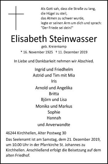 Traueranzeige von Elisabeth Steinwasser von Stadtspiegel Bottrop