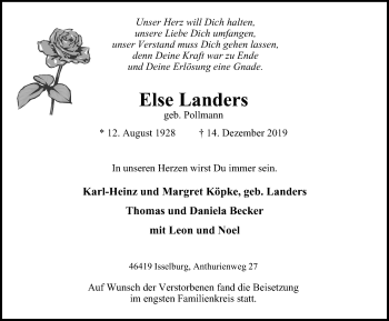 Traueranzeige von Else Landers von Stadtanzeiger Emmerich/Rees/Isselburg