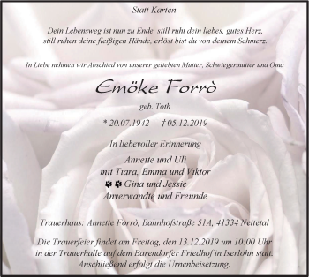 Traueranzeige von Emöke Forrò von Stadtspiegel Iserlohn + Hemer