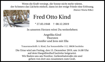 Traueranzeige von Fred Otto Kind von Stadtspiegel Iserlohn + Hemer