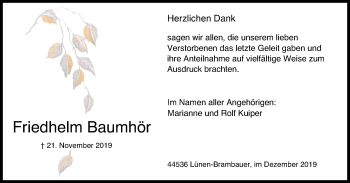 Traueranzeige von Friedhelm Baumhör von Lüner Anzeiger