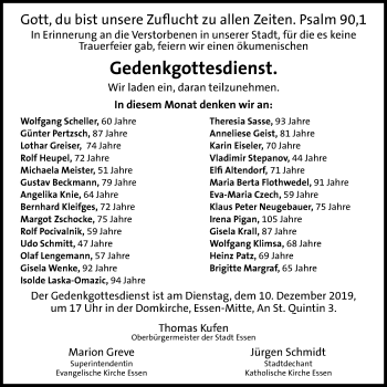 Traueranzeige von Gedenkgottesdienst  von Stadtspiegel Essen