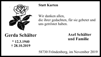 Traueranzeige von Gerda Schälter von Stadtspiegel Menden + Froendenberg