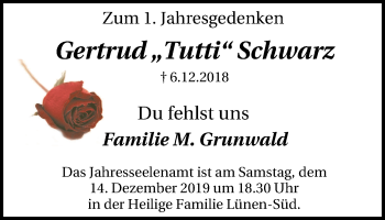 Traueranzeige von Gertrud Schwarz von Lüner Anzeiger