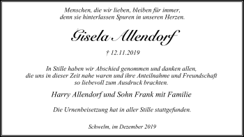 Traueranzeige von Gisela Allendorf von wap Schwelm/Gevelsberg/Ennepetal