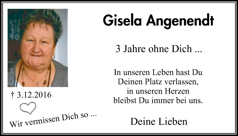  Traueranzeige für Gisela Angenendt vom 07.12.2019 aus Wochen-Anzeiger Oberhausen