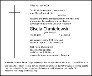 Traueranzeige von Gisela Chmielewski von Stadtspiegel Wattenscheid