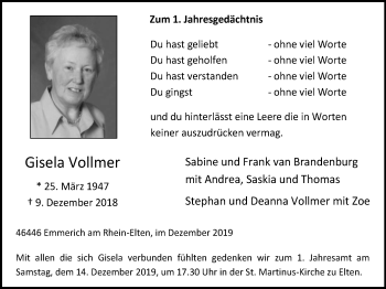 Traueranzeige von Gisela Vollmer von Stadtanzeiger Emmerich/Rees/Isselburg