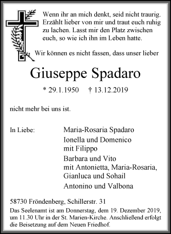 Traueranzeige von Giuseppe Spadaro von Stadtspiegel Menden + Froendenberg
