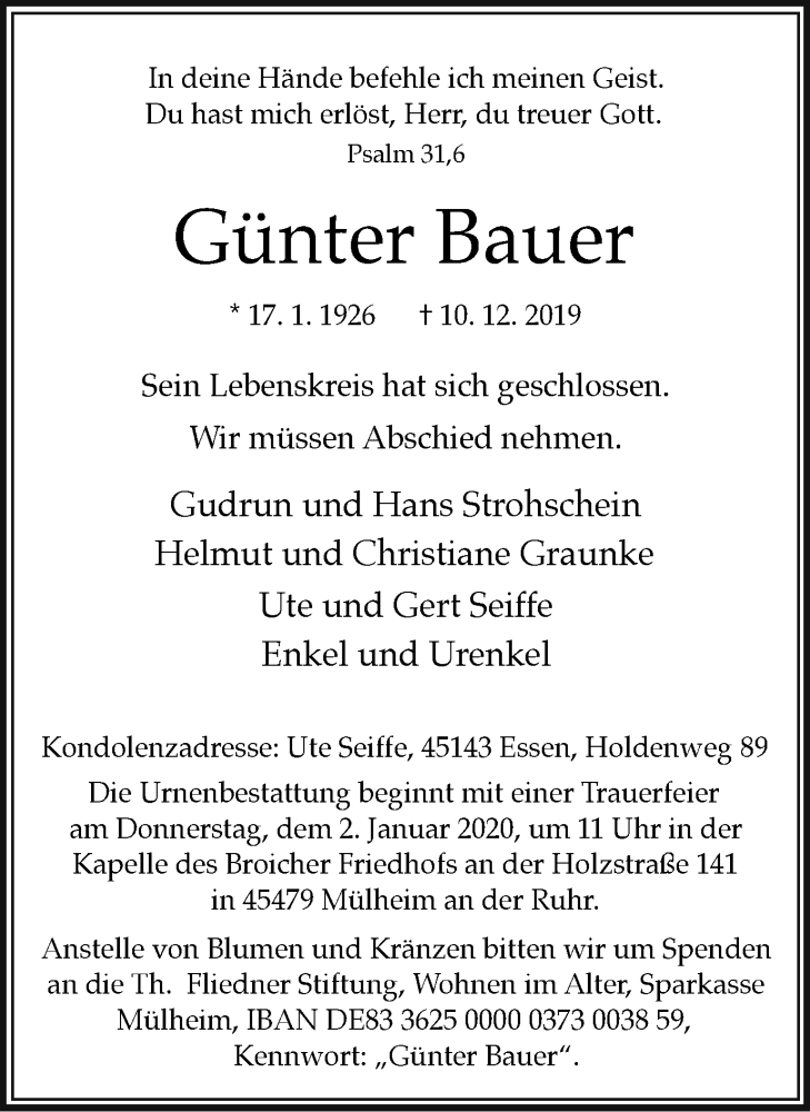  Traueranzeige für Günter Bauer vom 27.12.2019 aus Mülheimer Woche