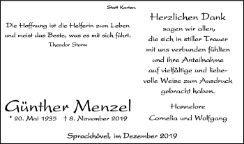 Traueranzeige von Günther Menzel von Stadtspiegel Hattingen/Niedersprockhövel