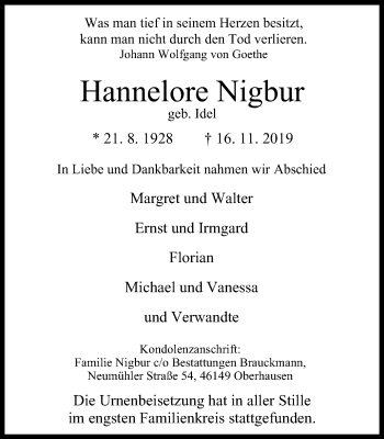 Traueranzeige von Hannelore Nigbur von Wochen-Anzeiger Oberhausen