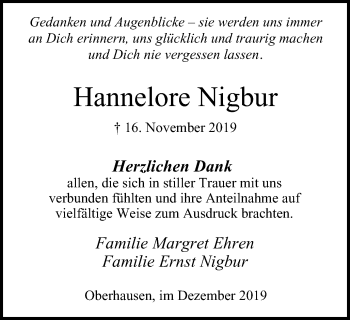 Traueranzeige von Hannelore Nigbur von Wochen-Anzeiger Oberhausen