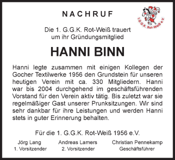 Traueranzeige von Hanni Binn von Gocher Wochenblatt
