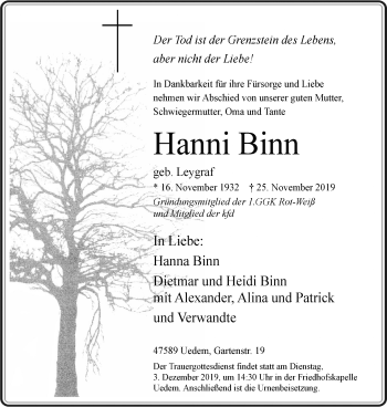 Traueranzeige von Hanni Binn von Gocher Wochenblatt