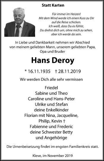 Traueranzeige von Hans Deroy von Klever Wochenblatt