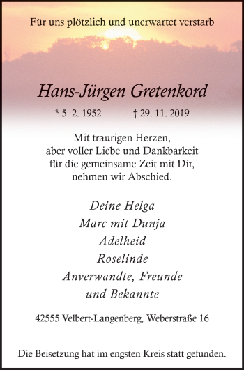 Traueranzeige von Hans-Jürgen Gretenkord von Stadtanzeiger Velbert + Heiligenhaus