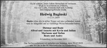 Traueranzeige von Hedwig Baginski von Stadtspiegel Menden + Froendenberg