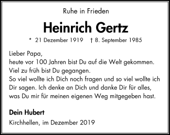 Traueranzeige von Heinrich Gertz von Stadtspiegel Bottrop
