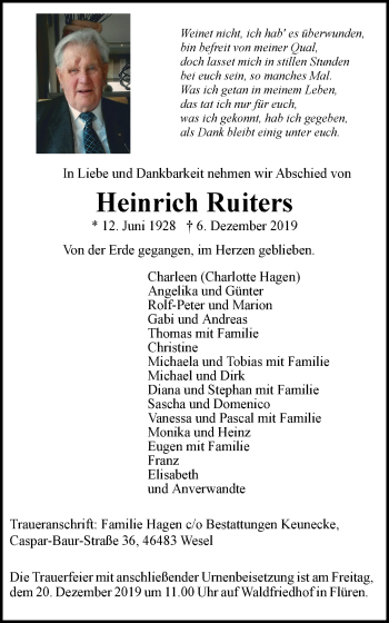 Traueranzeige von Heinrich Ruiters von Der Weseler + Der Xantener