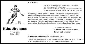 Traueranzeige von Heinz Siepmann von Stadtspiegel Menden + Froendenberg