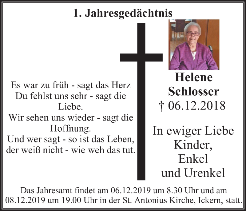  Traueranzeige für Helene Schlosser vom 04.12.2019 aus Stadtanz.Castrop-Rauxel