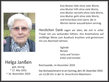 Traueranzeige von Helga Janßen von Klever Wochenblatt