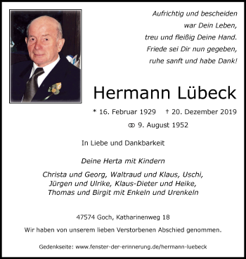 Traueranzeige von Hermann Lübeck von Gocher Wochenblatt