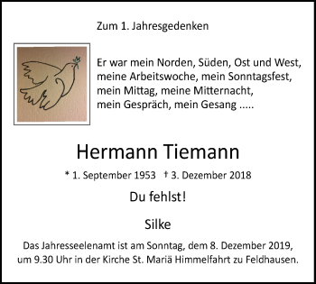 Traueranzeige von Hermann Tiemann von Stadtspiegel Bottrop
