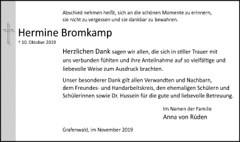 Traueranzeige von Hermine Bromkamp von Stadtspiegel Bottrop