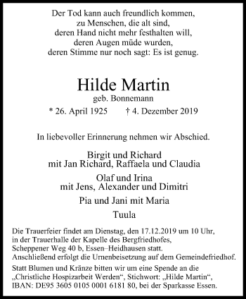 Traueranzeige von Hilde Martin von Werden Kurier