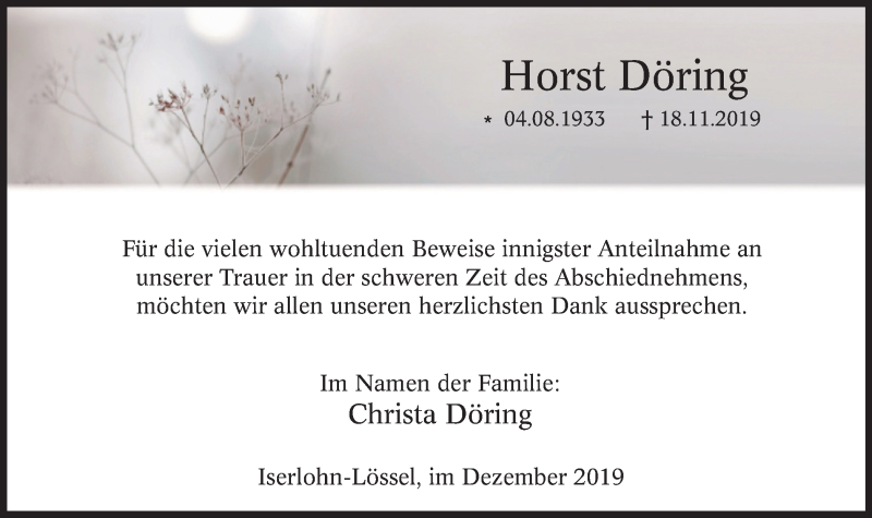  Traueranzeige für Horst Döring vom 14.12.2019 aus Stadtspiegel Iserlohn + Hemer