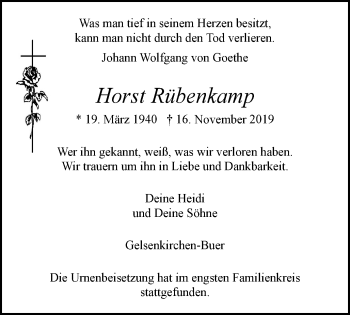 Traueranzeige von Horst Rübenkamp von Stadtspiegel Gelsenkirchen