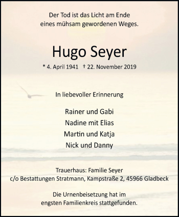 Traueranzeige von Hugo Seyer von Stadtspiegel Gladbeck