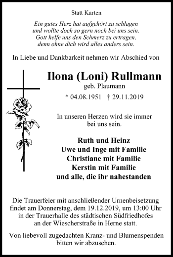 Traueranzeige von Ilona Rullmann von Stadtspiegel Bochum + Wattenscheid