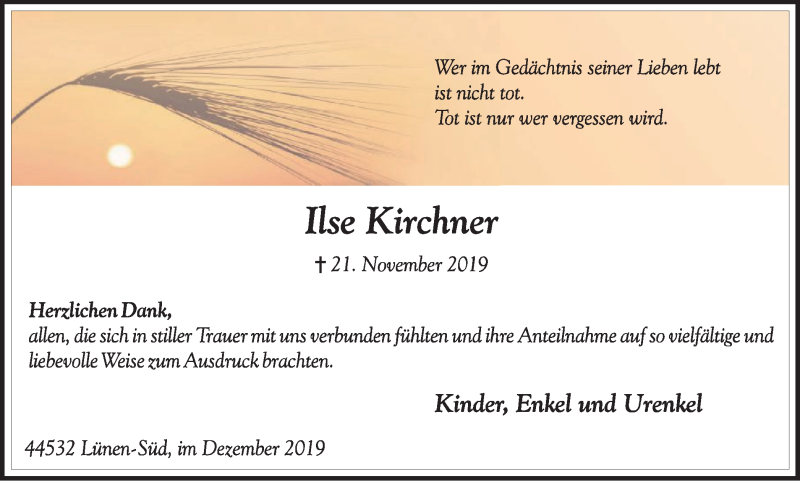  Traueranzeige für Ilse Kirchner vom 21.12.2019 aus Lüner Anzeiger